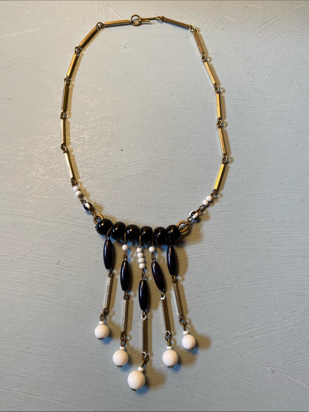 Vintage Brass & Glass Beaded Necklace 14.5”